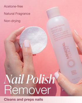 Mineral Fusion pouring liquid onto cotton pad for efficient polish removal