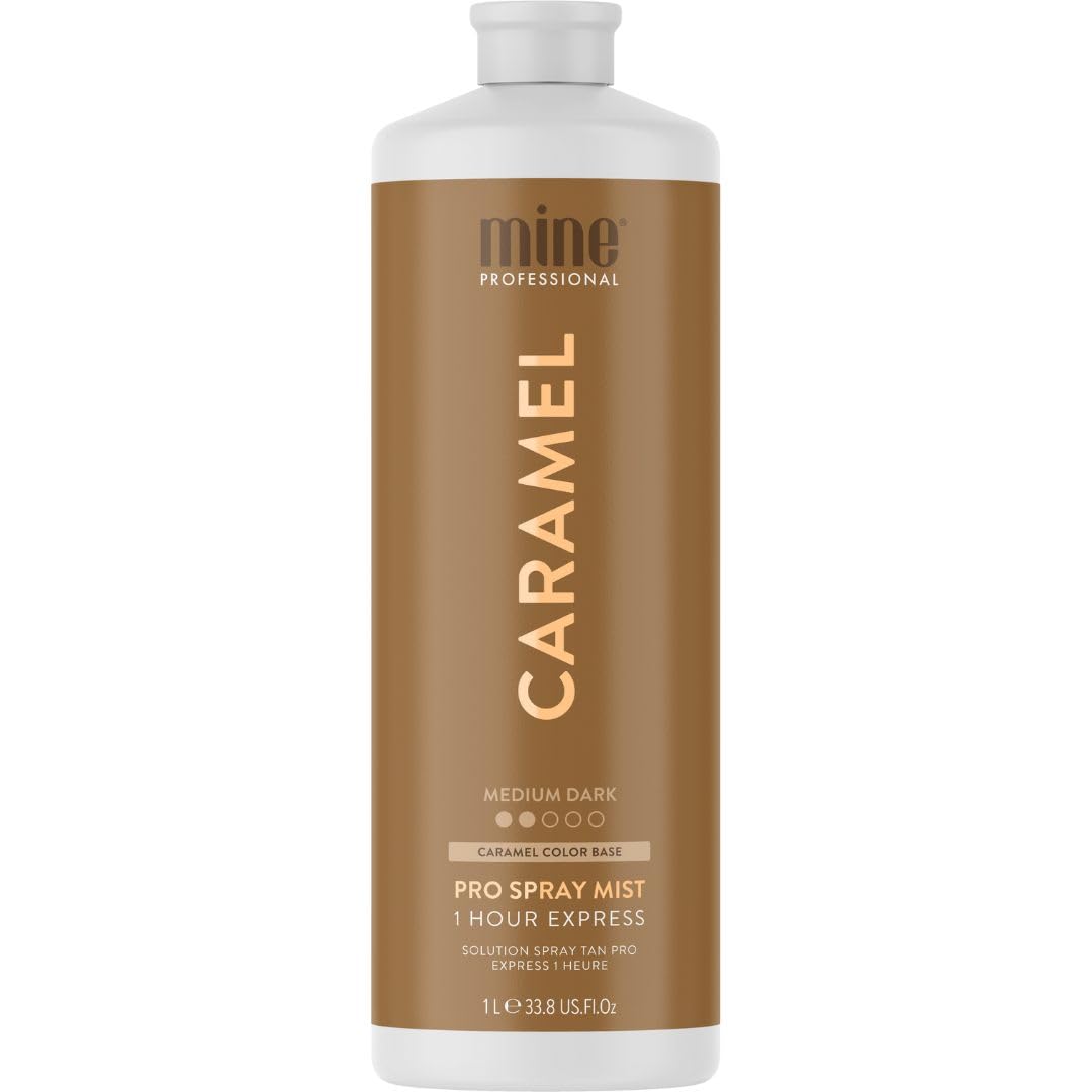 MineTan Caramel front packaging showing large 33.8 fl oz bottle and clear labeling for salon use