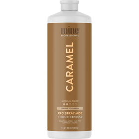 MineTan Caramel front packaging showing large 33.8 fl oz bottle and clear labeling for salon use