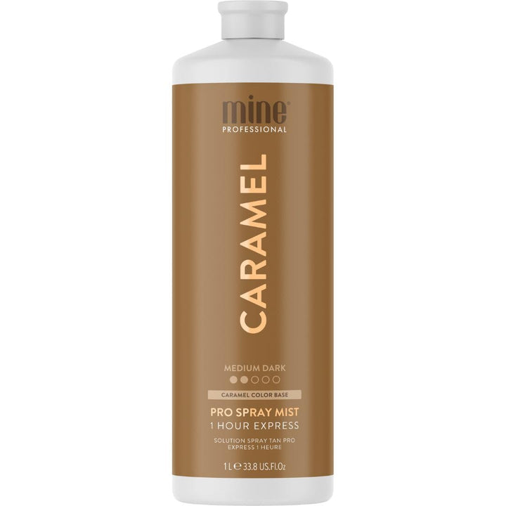 MineTan Caramel front packaging showing large 33.8 fl oz bottle and clear labeling for salon use
