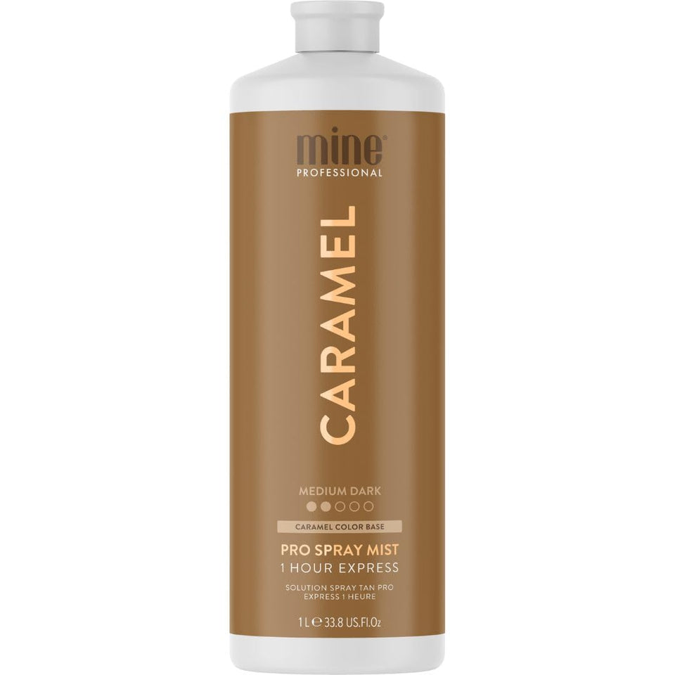 MineTan Caramel front packaging showing large 33.8 fl oz bottle and clear labeling for salon use