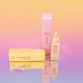MINETAN BODY.SKIN rosewater and vitamin C ingredients flatlay highlighting hydrating benefits