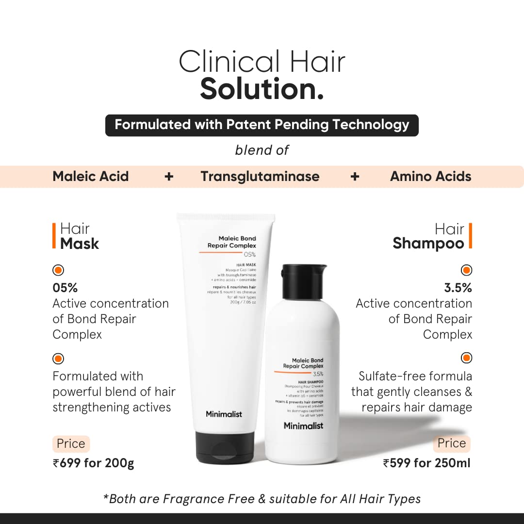 Minimalist hair mask label close-up highlighting 5% Maleic complex and clean formulation benefit