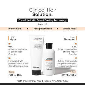Minimalist hair mask label close-up highlighting 5% Maleic complex and clean formulation benefit