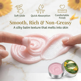 Minnah Derma Restore Balm bottle held next to hand for accurate size comparison