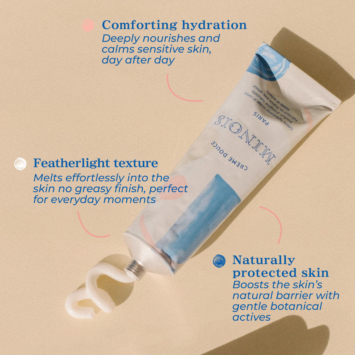 MINOIS label close-up highlighting shea butter and almond oil ingredients