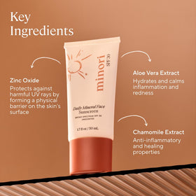 minori tube label detail highlighting SPF 30 and clean ingredients
