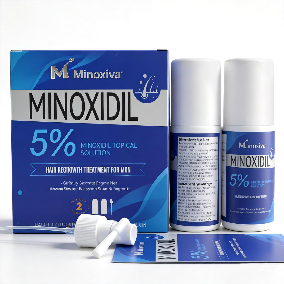 Minoxiva front packaging spray bottle showing clear labeling and benefit