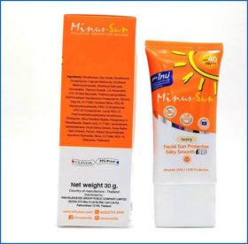 Minus (Sol) label close-up showing SPF40 PA+++ details and pollution protection system