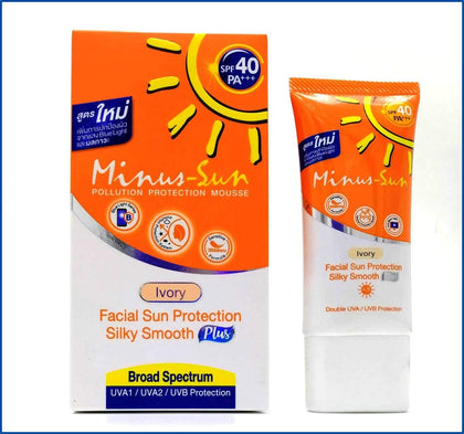 Minus (Sol) front packaging in ivory showing compact 1 oz and SPF40 protection benefits