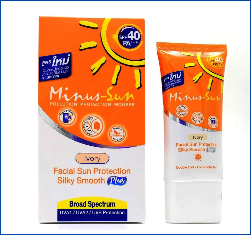 Minus (Sol) front packaging in ivory showing compact 1 oz and SPF40 protection benefits