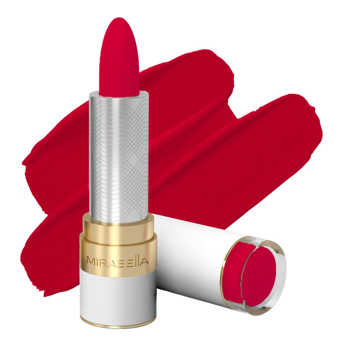 Mirabella front packaging shows red shade and secure cap, reliable color