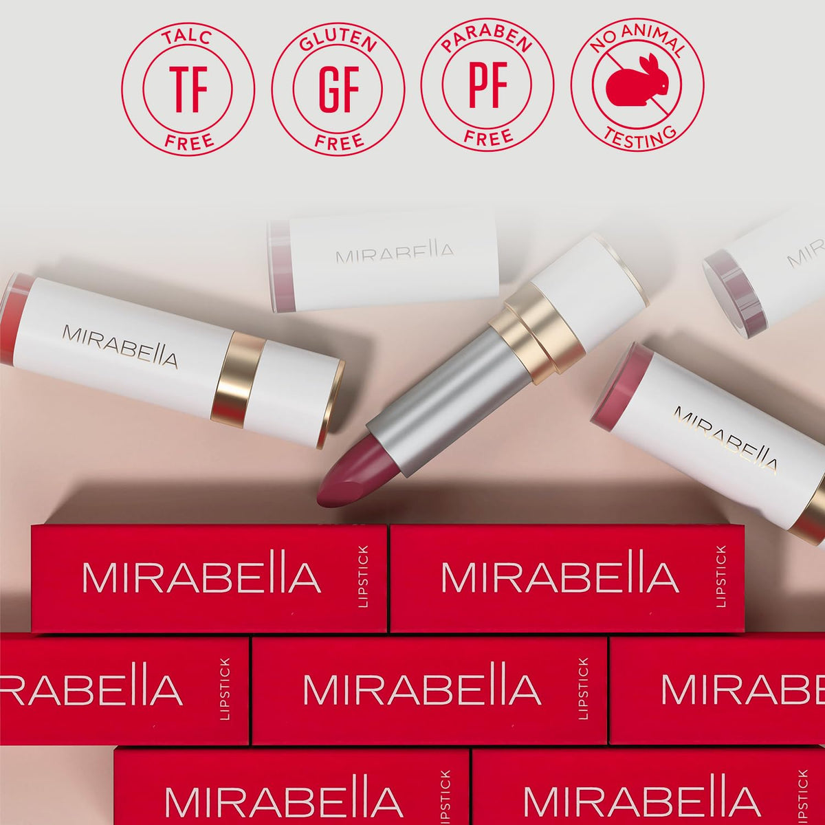 Mirabella lipstick swatches on forearm show buildable pigment and finish