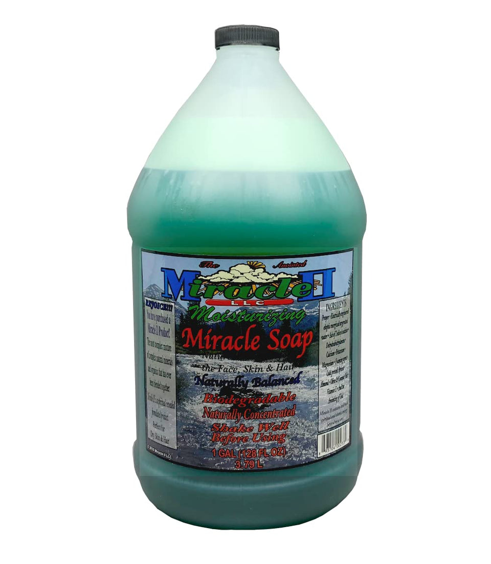Miracle II gallon front label showing product size and natural benefits