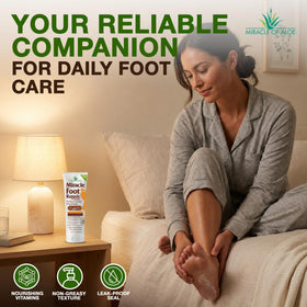 Miracle of Aloe applying foot cream to heel demonstrating targeted moisturization benefit