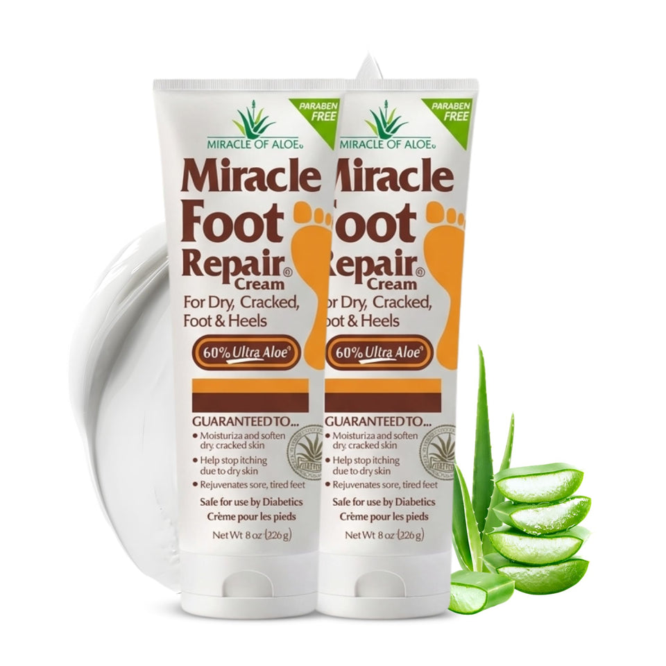 Miracle of Aloe front tub showing packaging and soothing foot cream benefits