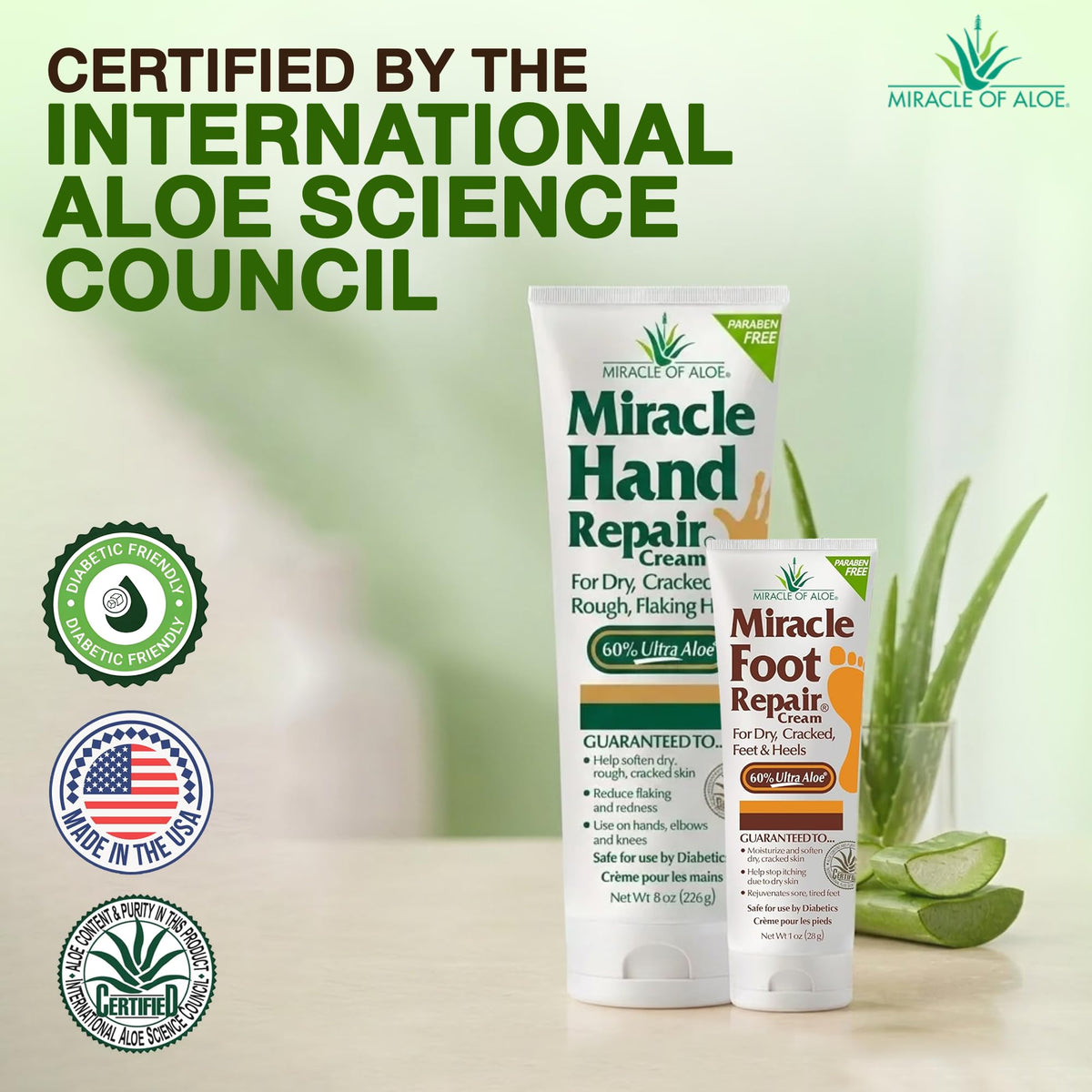 Miracle of Aloe foot tube front showing 1 oz sample and targeted repair benefit