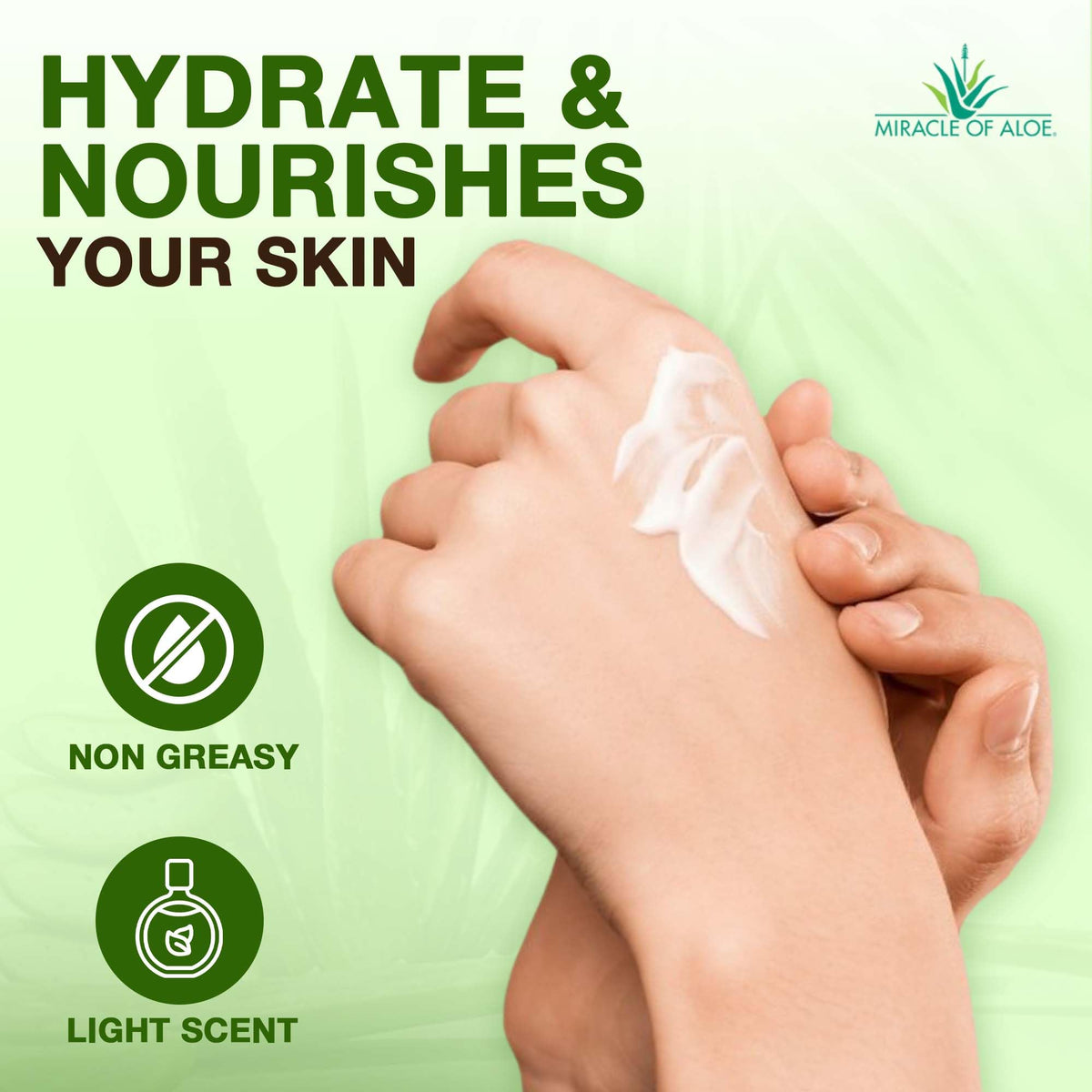 Miracle of Aloe applied to hands in use demonstrating quick absorption