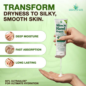 Miracle of Aloe hand cream pump open showing smooth texture and fast absorption