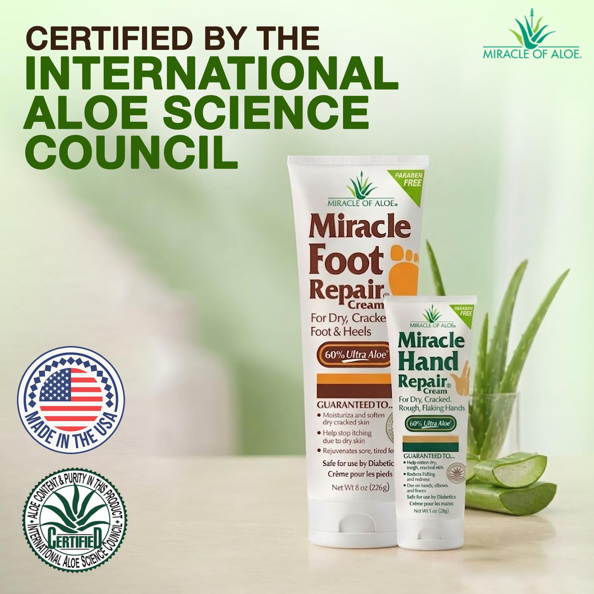 Miracle of Aloe hand tube front highlighting compact size and fast-absorbing hand care benefit
