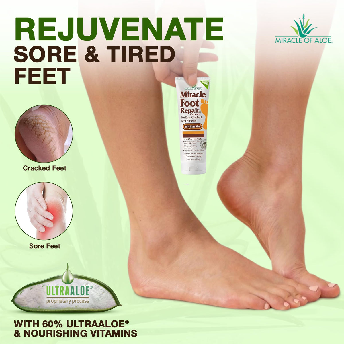 Miracle of Aloe hand and foot tubes side-by-side showing portable convenience benefit