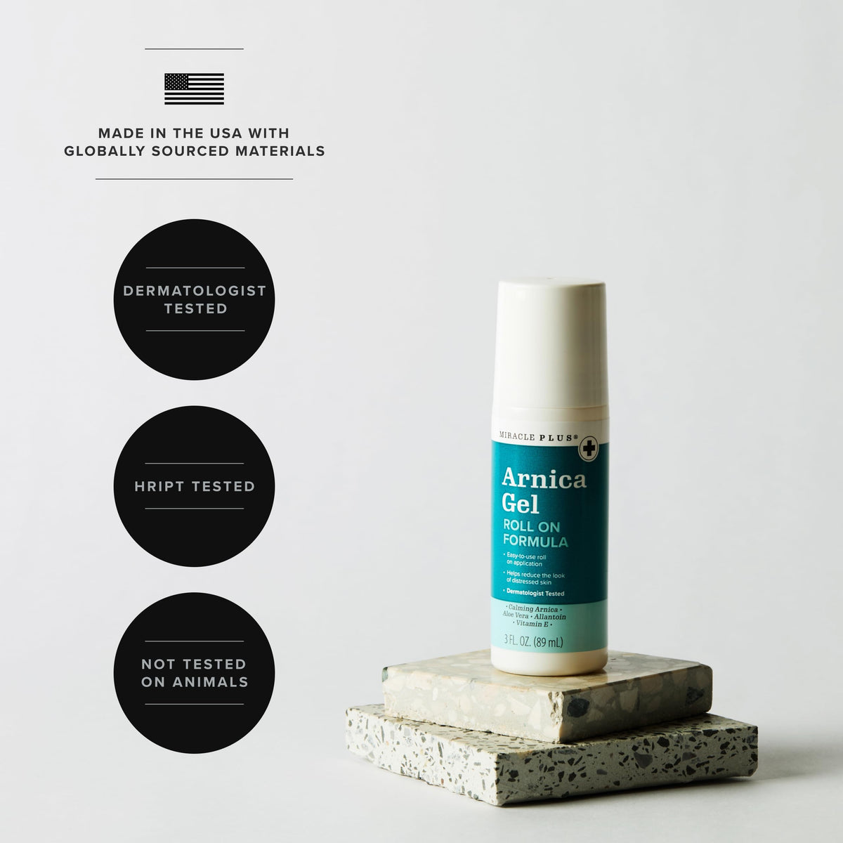 Miracle Plus 3 fl oz bottle beside common items to show travel-friendly size