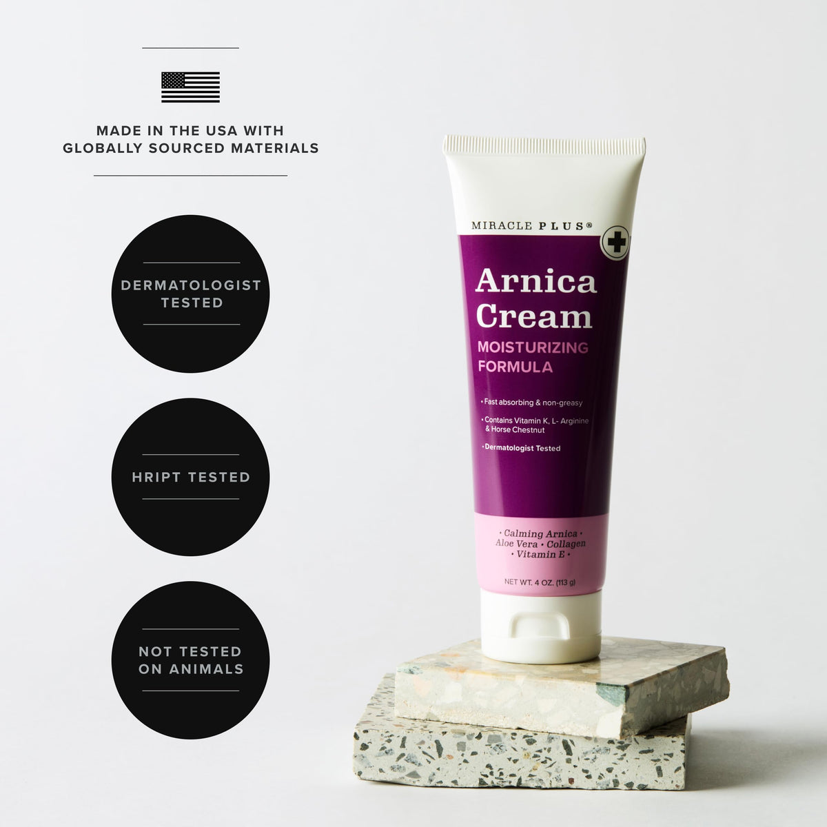 Miracle Plus tube being applied to skin illustrating easy massage-in application and quick absorption