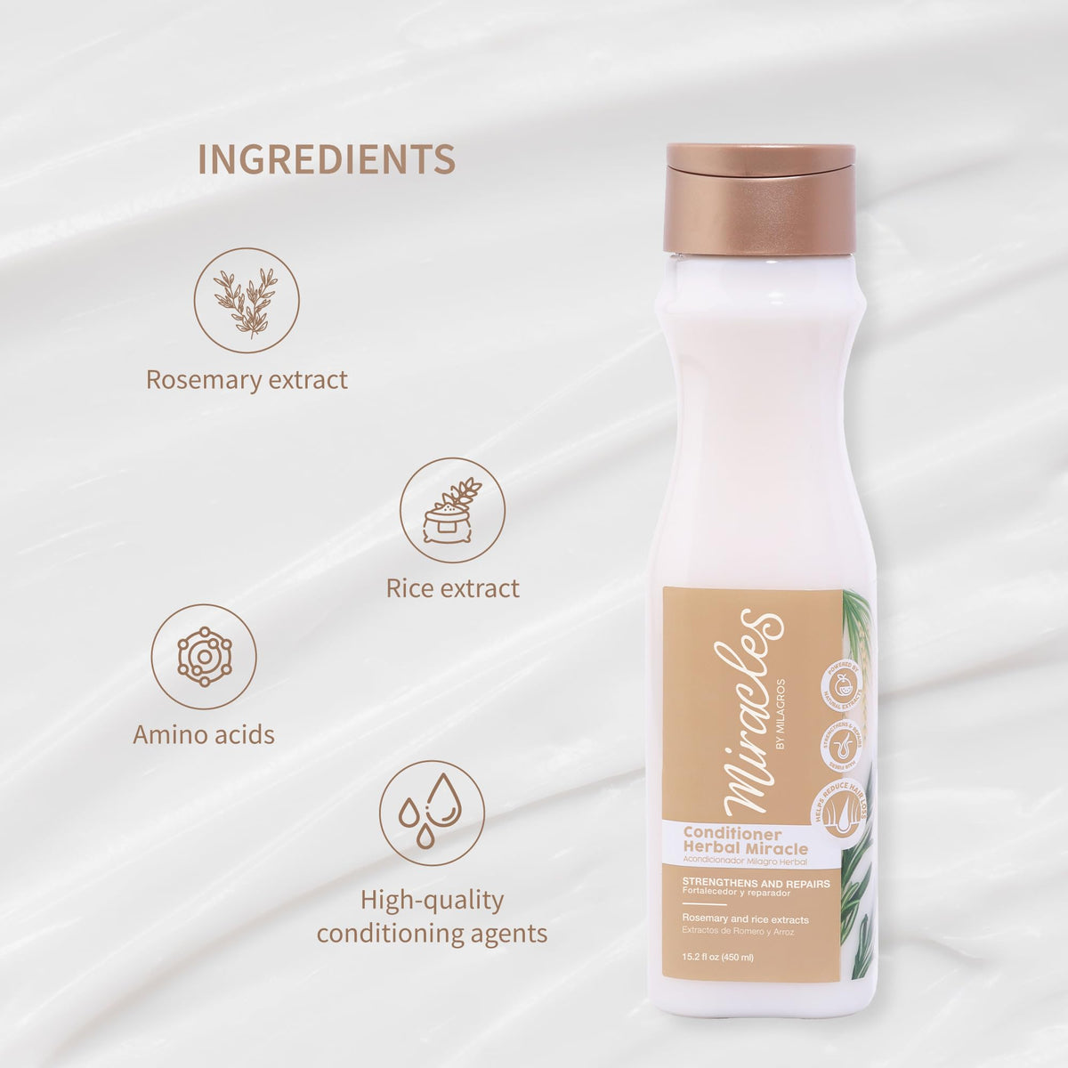 Miracles By Milagros rosemary and rice extract ingredients highlighting natural actives