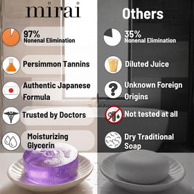 Lathered Mirai soap foam in hand demonstrating lavender scent and freshness