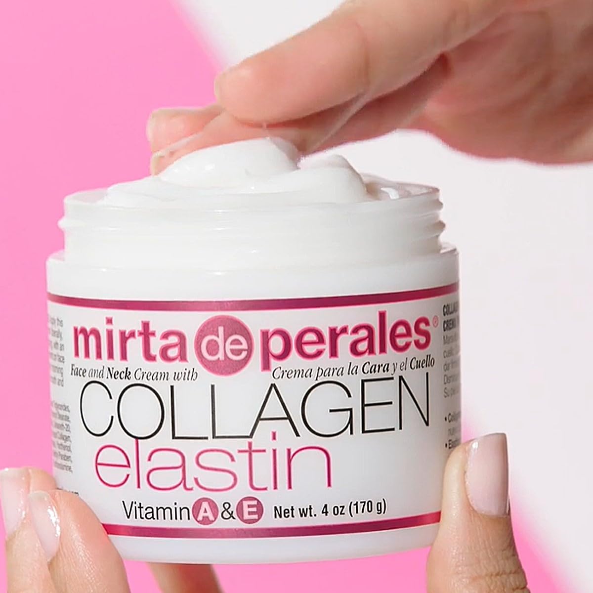 Mirta De Perales label detail emphasizing collagen elastin formulation benefits