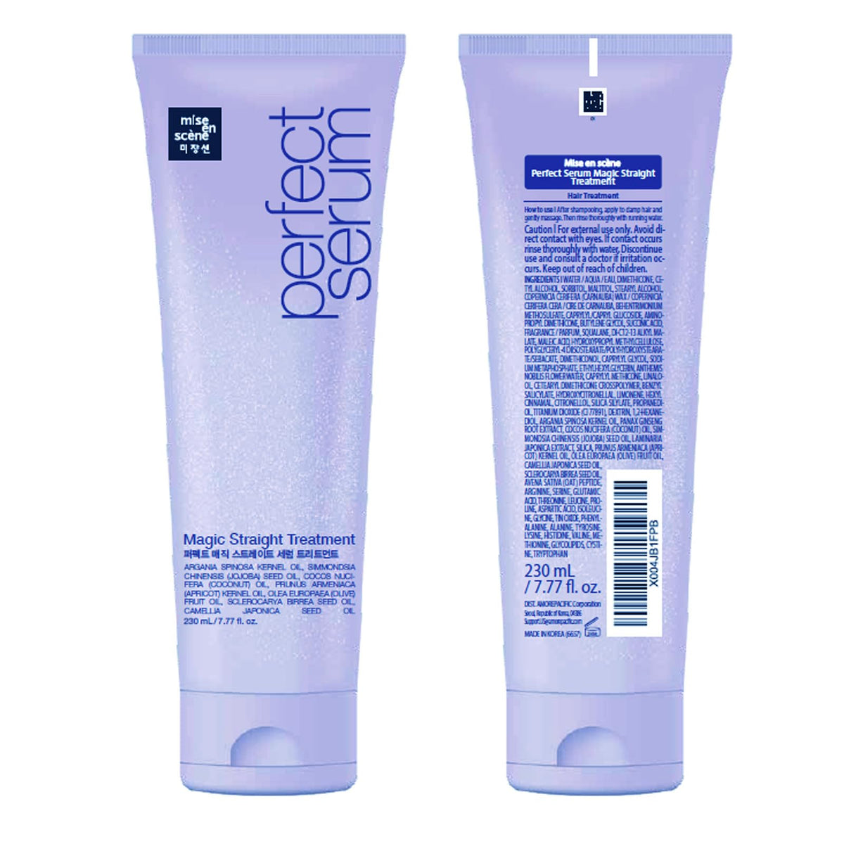 Mise En Scene bottle next to hand showing 7.77 fl oz scale and travel-friendly benefit