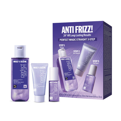 Mise En Scene front packaging showing three travel-size bottles and branding for convenience