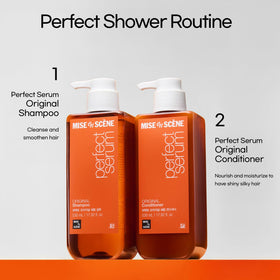 Mise En Scene shampoo in bathroom setting showing how it complements a daily routine