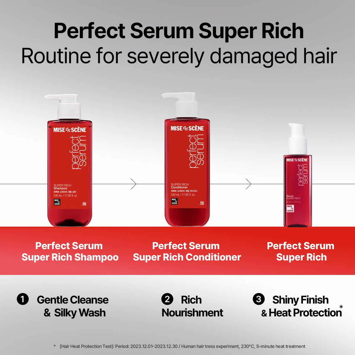Mise En Scene shampoo styled in bathroom to suggest salon-quality routine benefit