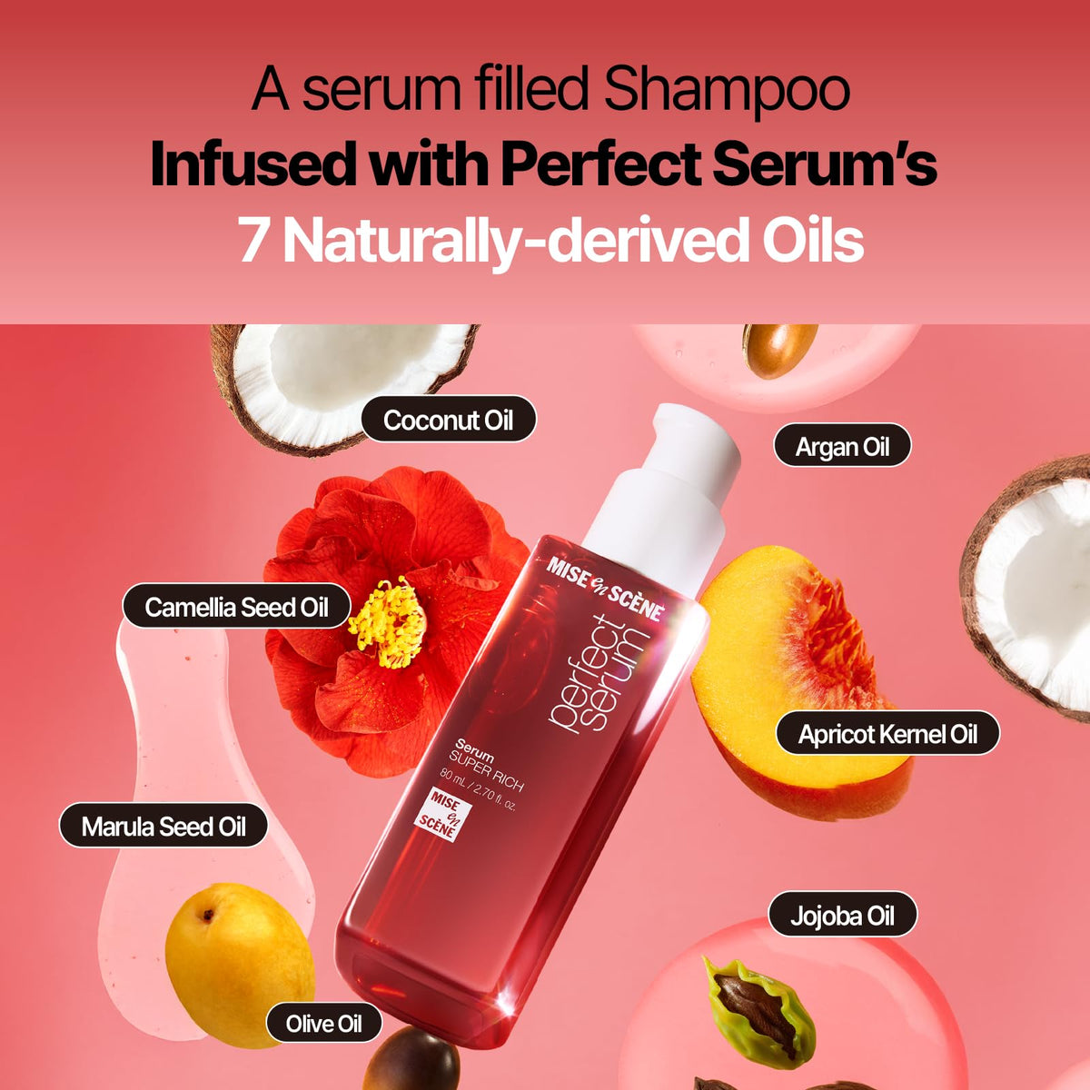 Mise En Scene array of natural oils highlighting nourishing ingredient benefits