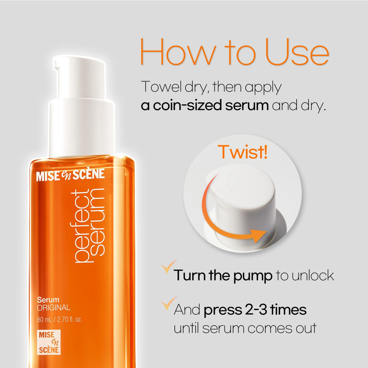 Mise En Scene bottle next to everyday items showing 2.7 fl oz size benefit