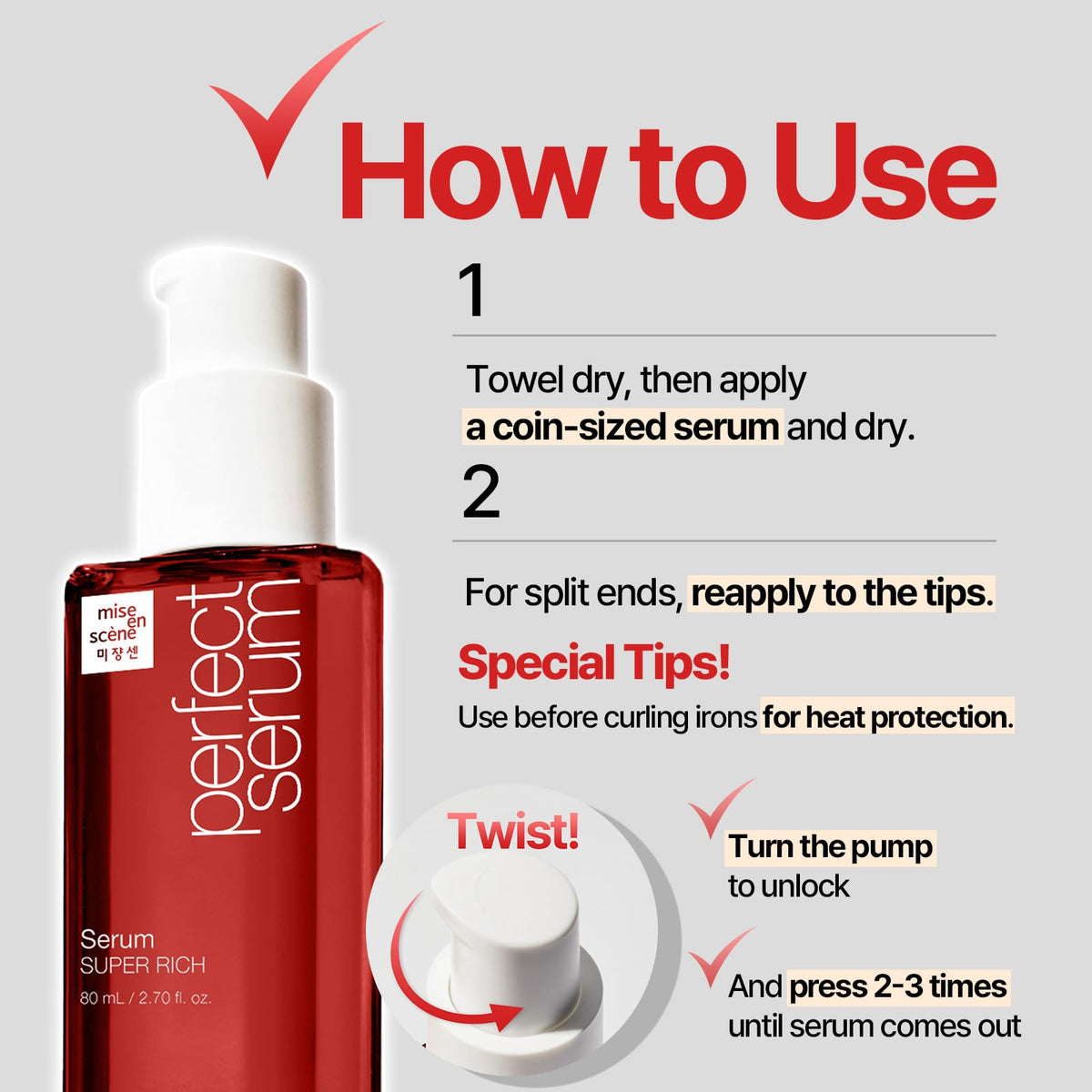 Mise En Scene pump and cap detail highlighting controlled dispensing for mess-free use