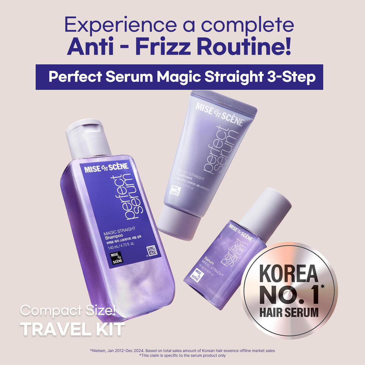 Mise En Scene serum bottle close-up showing nozzle and smooth texture for easy application
