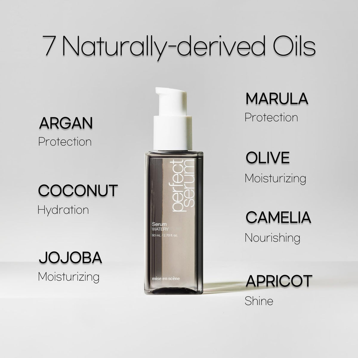 Mise En Scene serum bottle beside shampoo and conditioner for matched routine