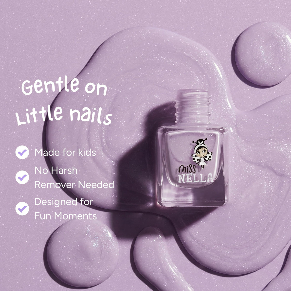 MISS NELLA brush stroke on a nail showing smooth, even application