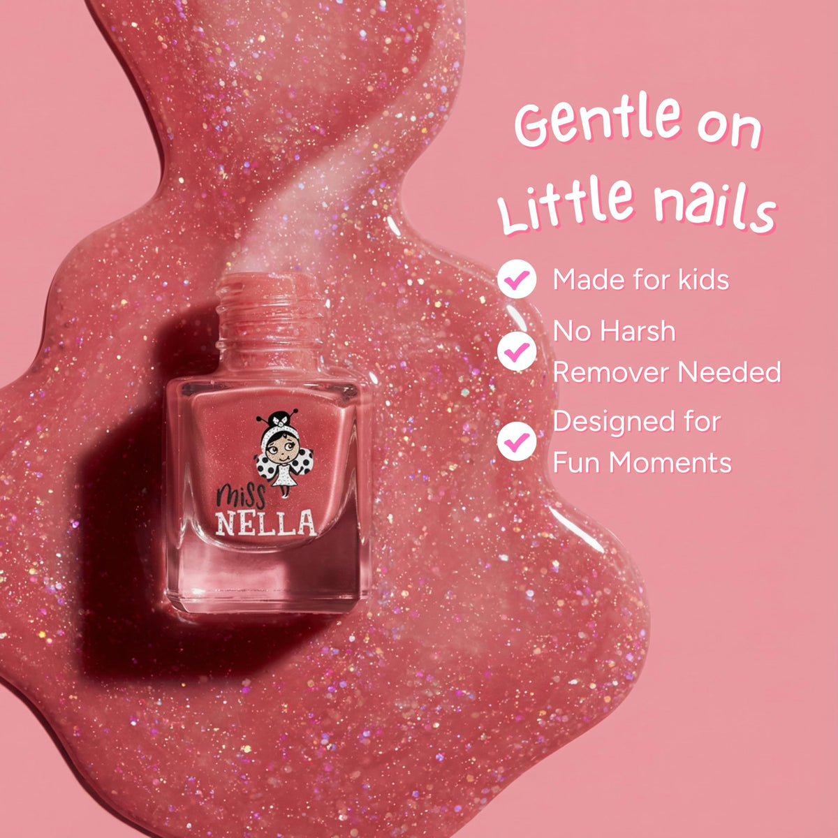 Miss Nella application on child fingernails demonstrating smooth coverage and gentle wear