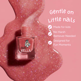 Miss Nella application on child fingernails demonstrating smooth coverage and gentle wear