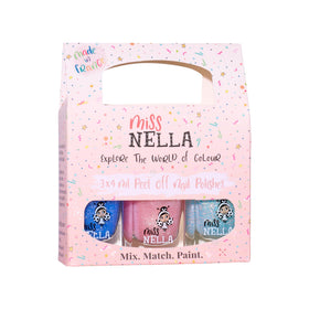 MISS NELLA front packaging showing three frost and glitter polishes, great gift
