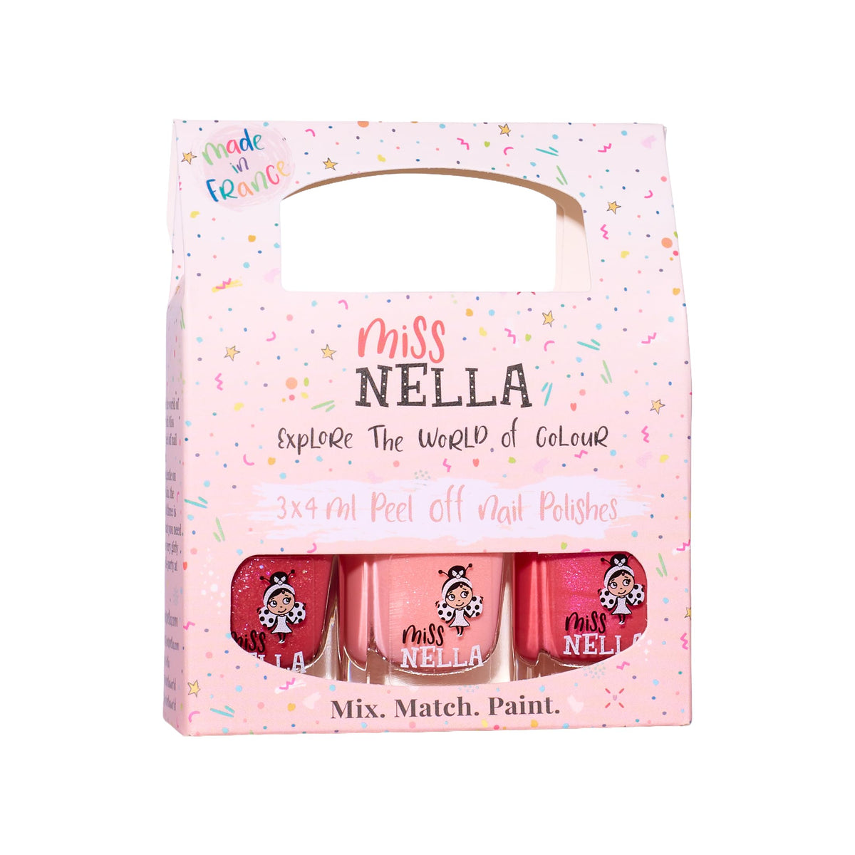 Miss Nella front packaging showing three pink glitter shades and safe formula benefits