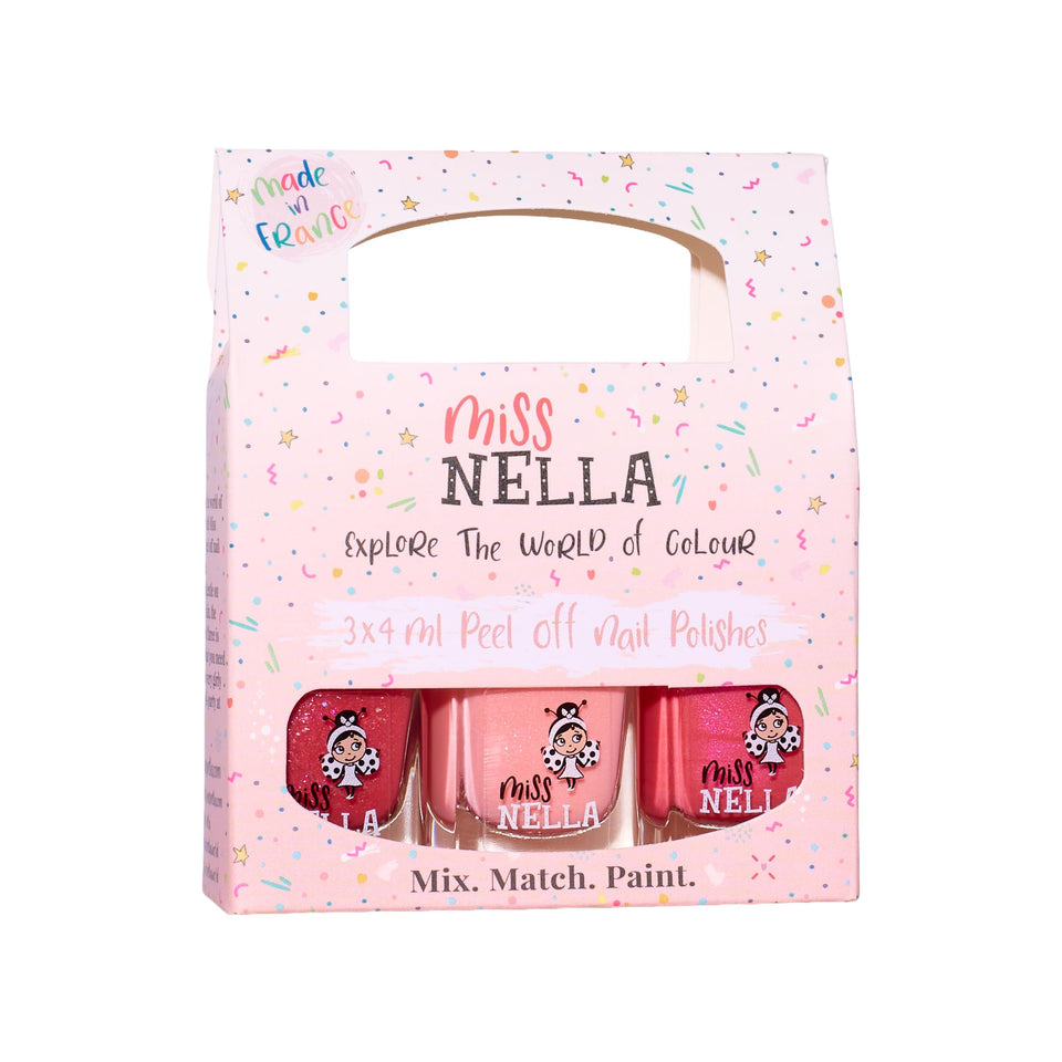Miss Nella front packaging showing three pink glitter shades and safe formula benefits