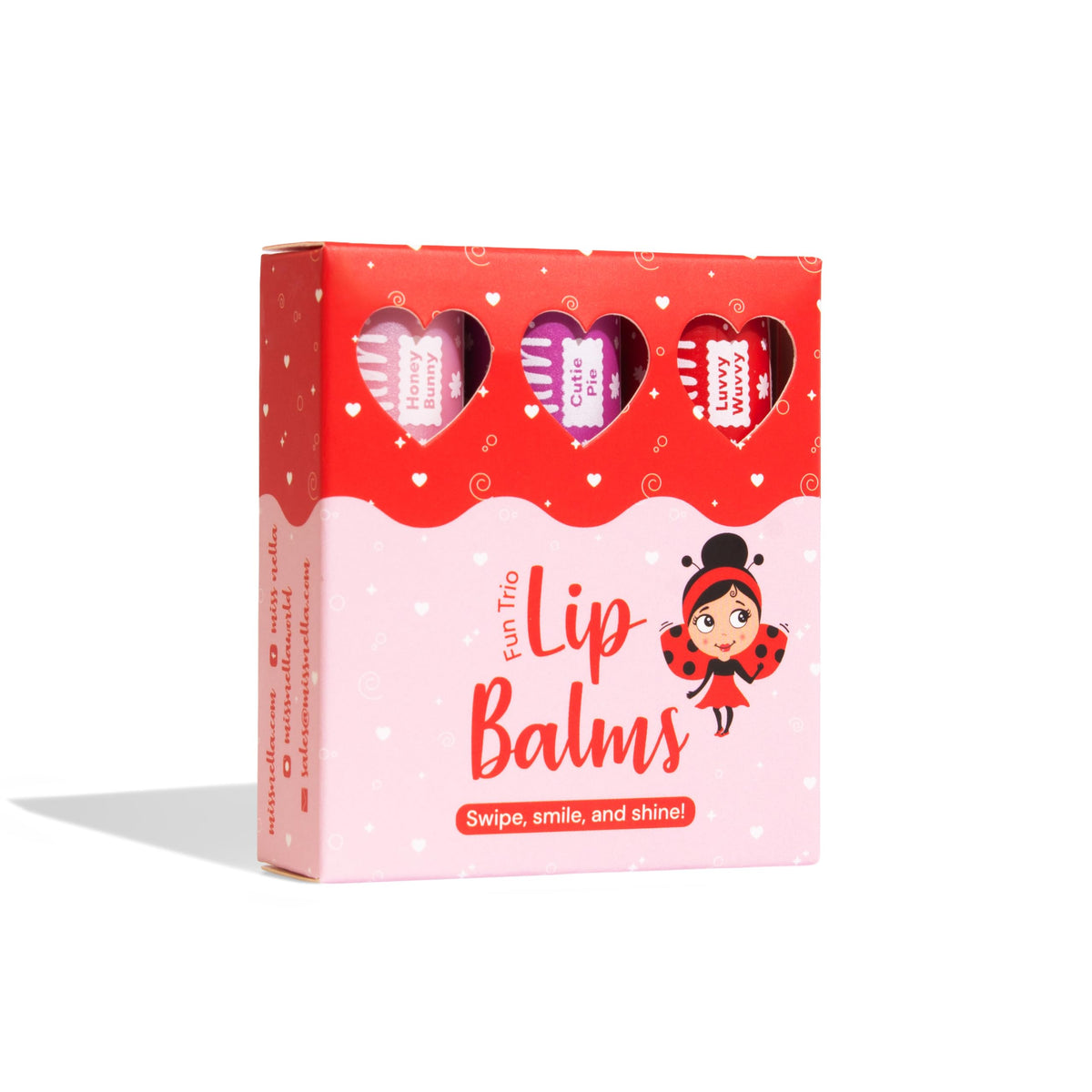MISS NELLA front packaging showing three balm sticks and playful artwork, promotes gentle care