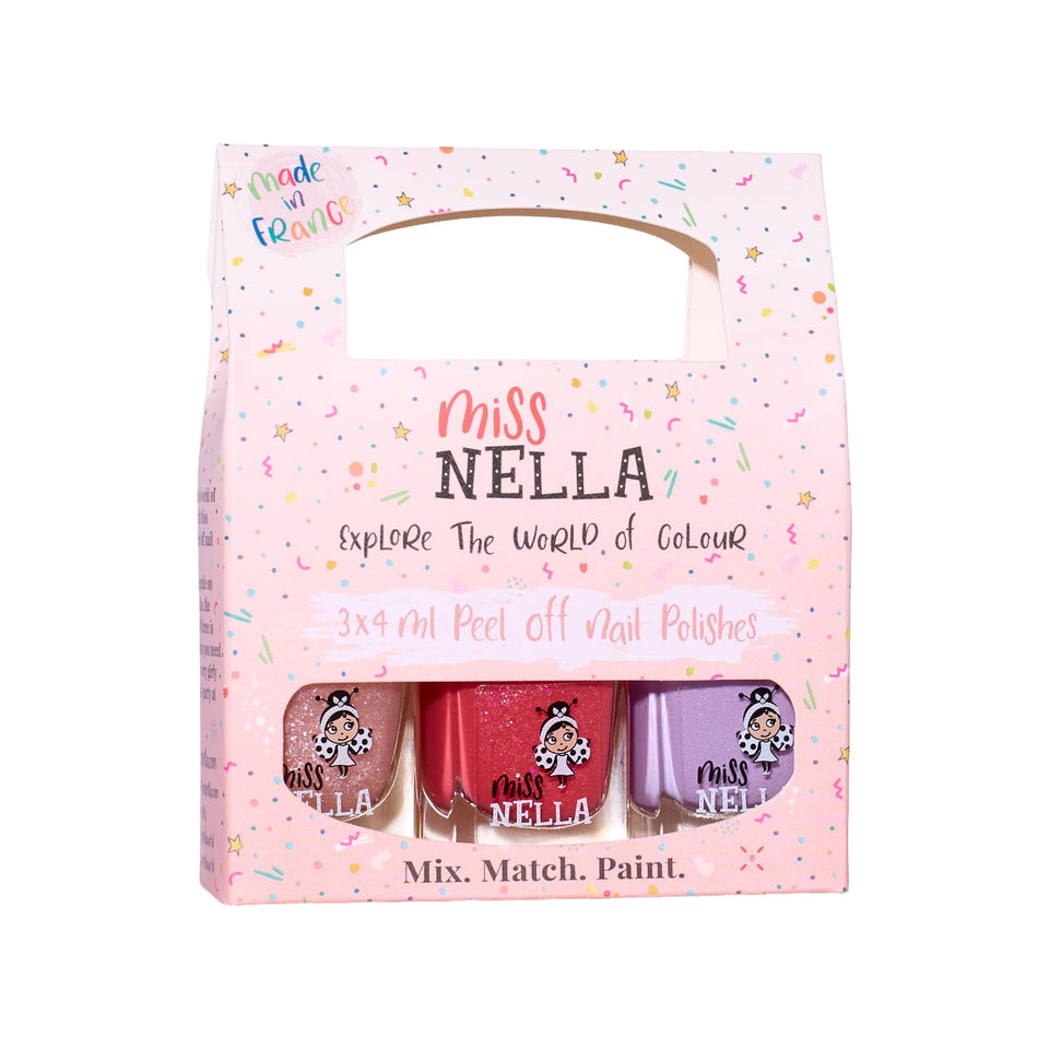 MISS NELLA front packaging showing three colourful bottles and playful branding for easy gifting