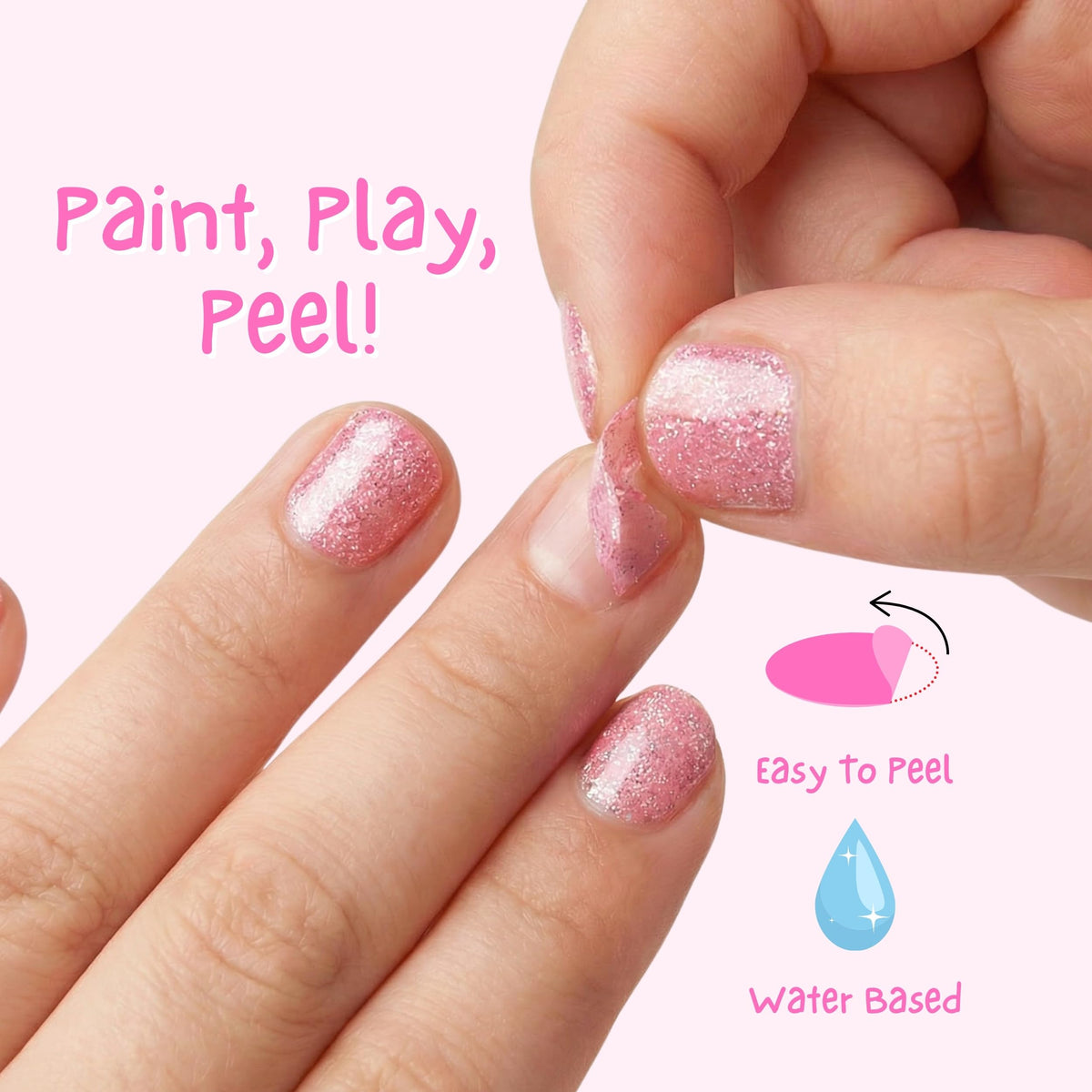 MISS NELLA on kids hands demonstrating neat, peel-off polish and low mess