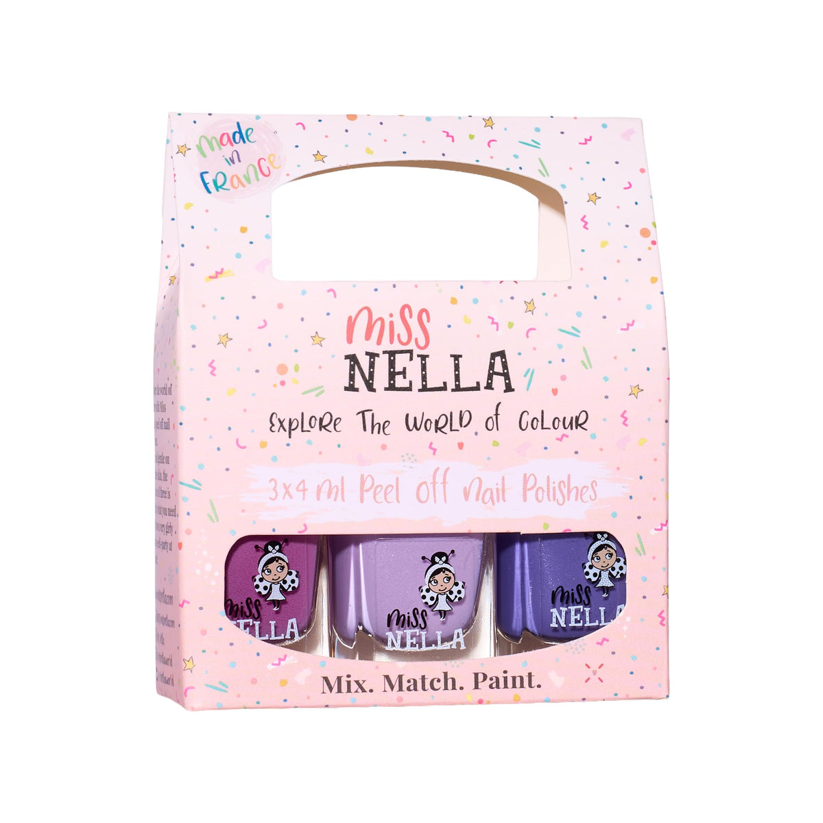 MISS NELLA pack front showing Purple Unicorn trio and kid-safe benefits