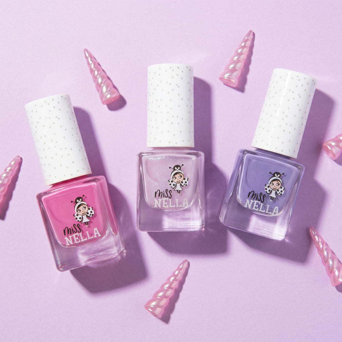 MISS NELLA Sweet Lavender bottle close-up highlighting glitter finish
